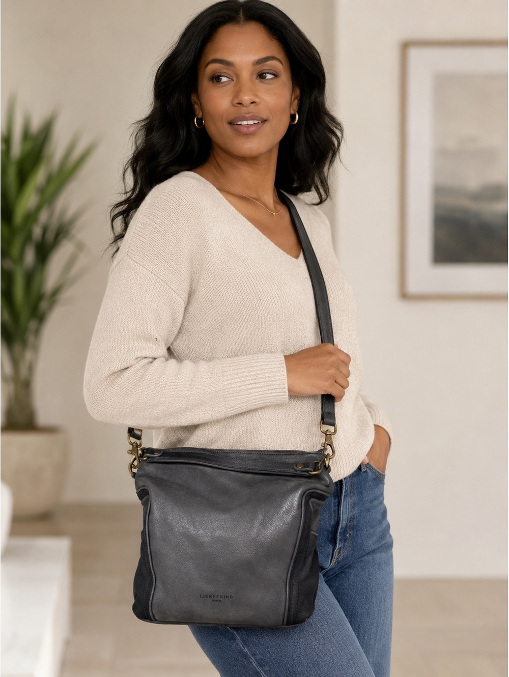 Liebeskind Berlin Black Leather Crossbody Shoulder Bag – Convertible Strap